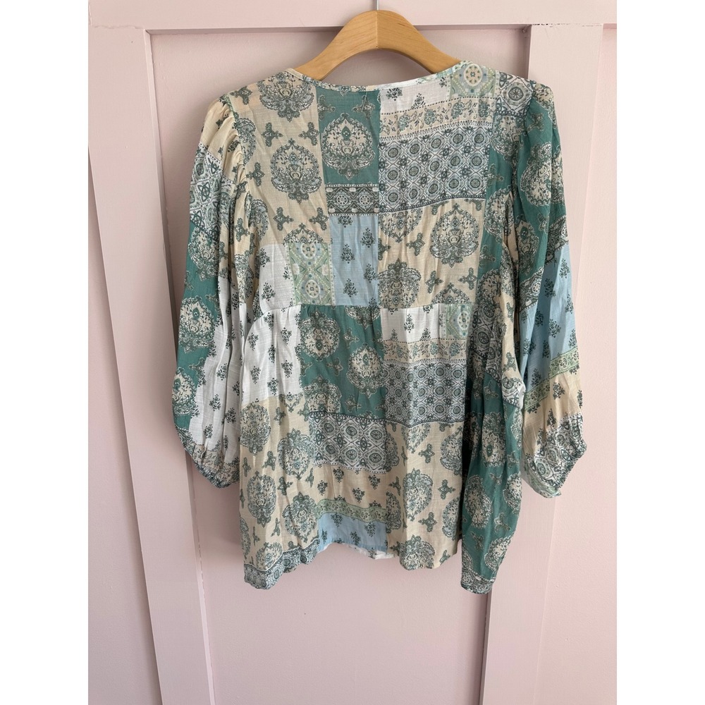 Unique Spectrum Womens XL Boho Patchwork Tassel Tie Peasant Blouse Teal Blue - Picture 2 of 6